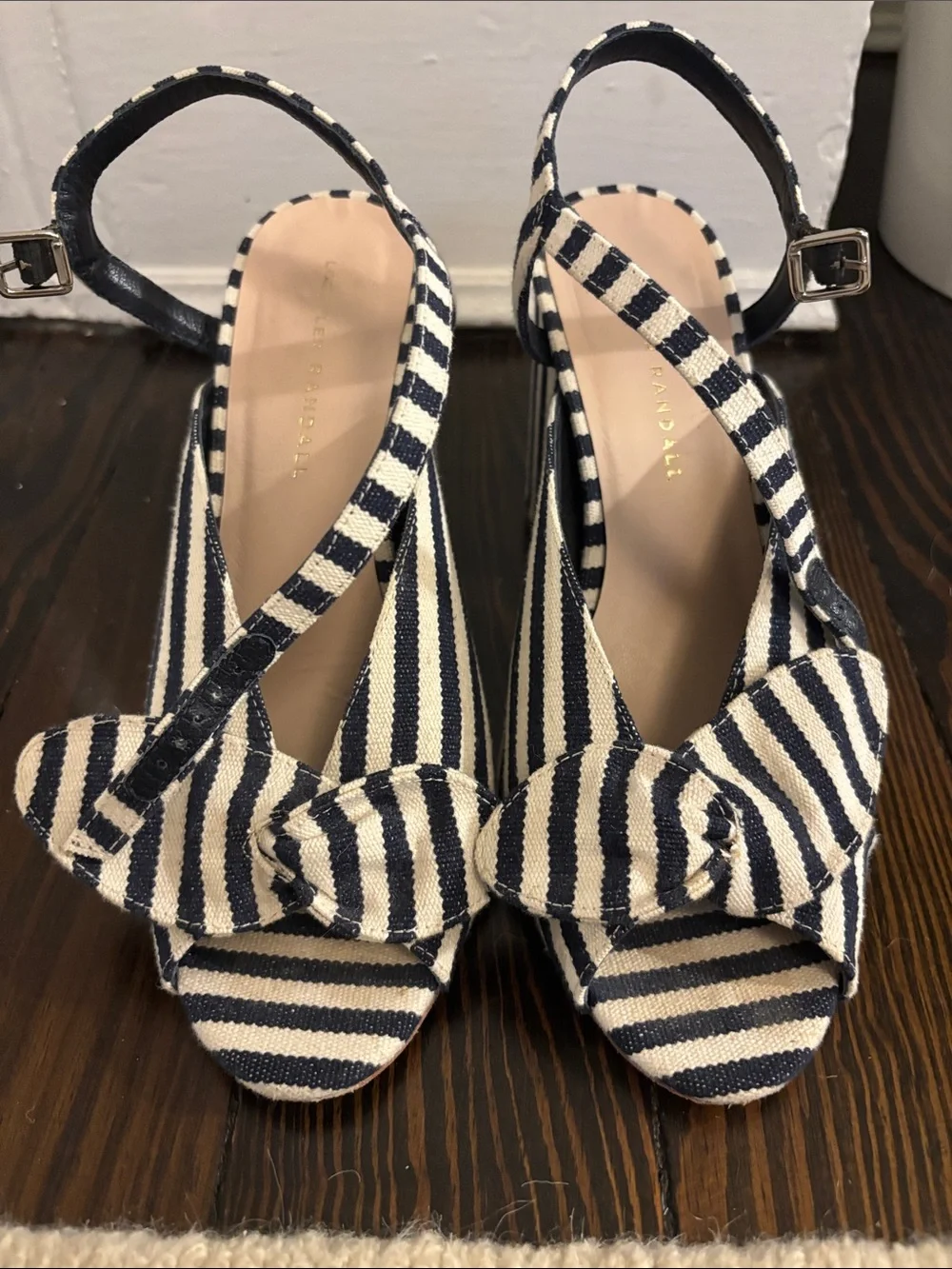 Loeffler Randall Navy & White Striped Knotted Wedge Sandals
